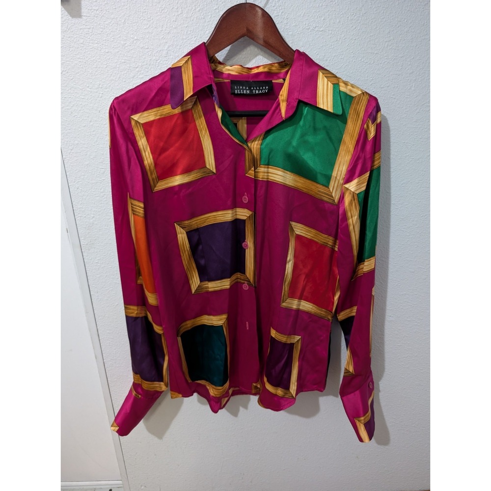 NWT Vintage Linda Allard Ellen Tracy 100% Silk Blouse Sz6 Pink Squares Deadstock